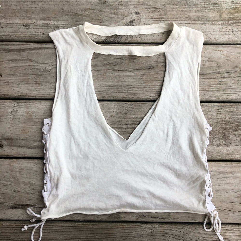 Emma & Sam Deep V Plunging Neckline Lace Up Crop Top